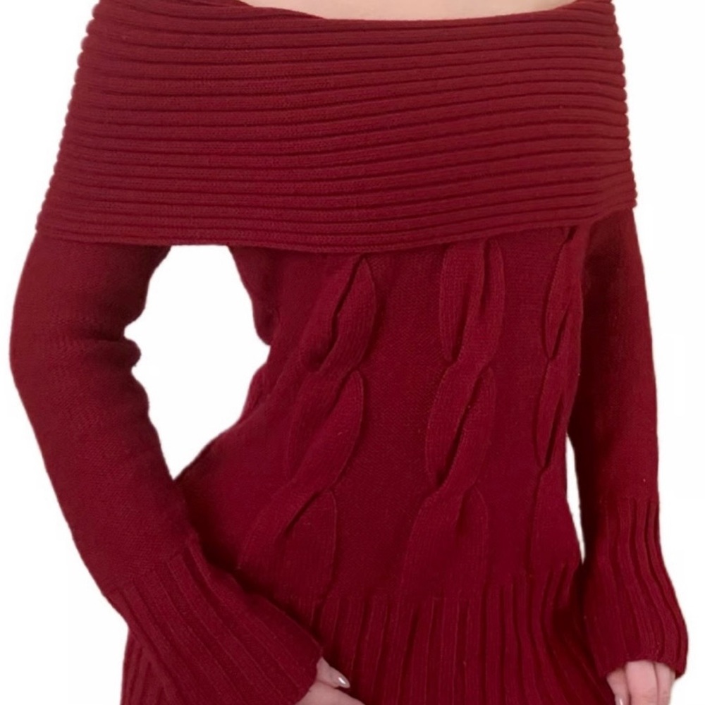 Vintage Cache burgundy off-shoulder cowl neck cable knit sweater size XS